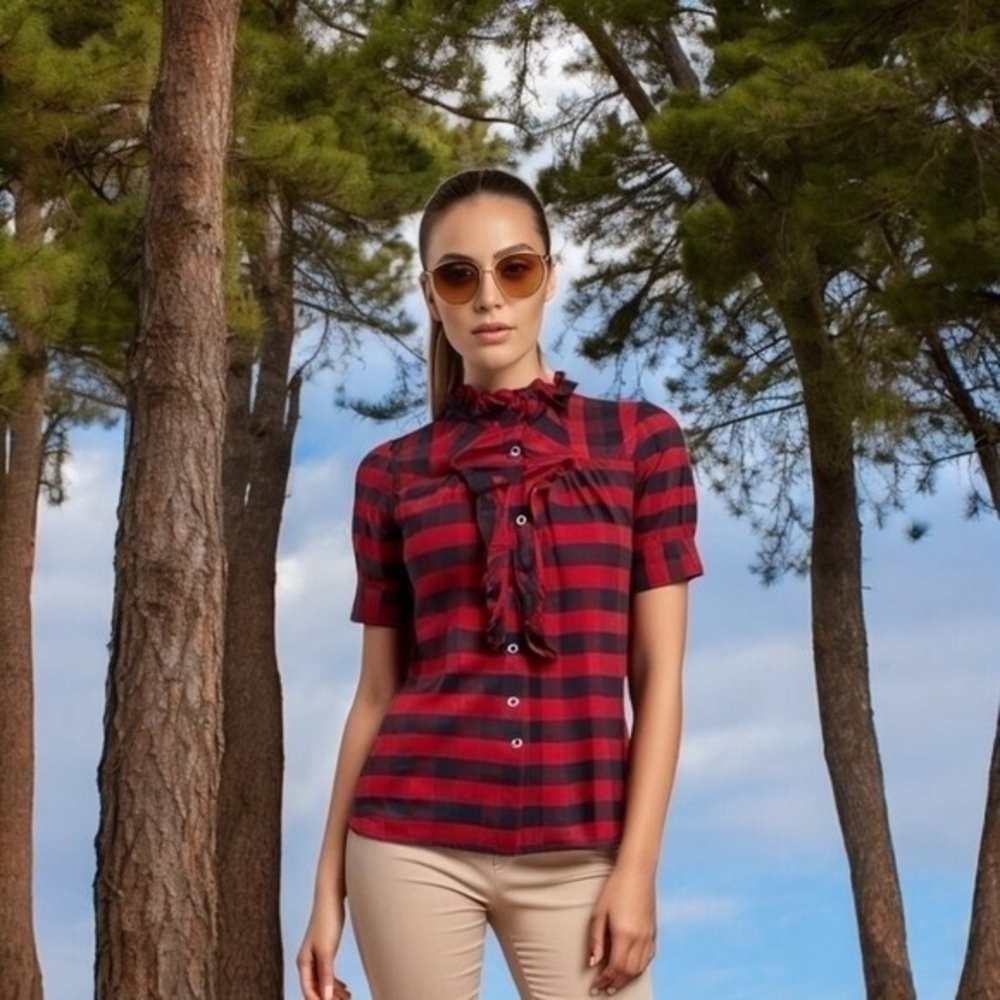 Twenty One Red Black Buffalo Plaid Ruffle Blouse S Silk High Neck Button Up EXC